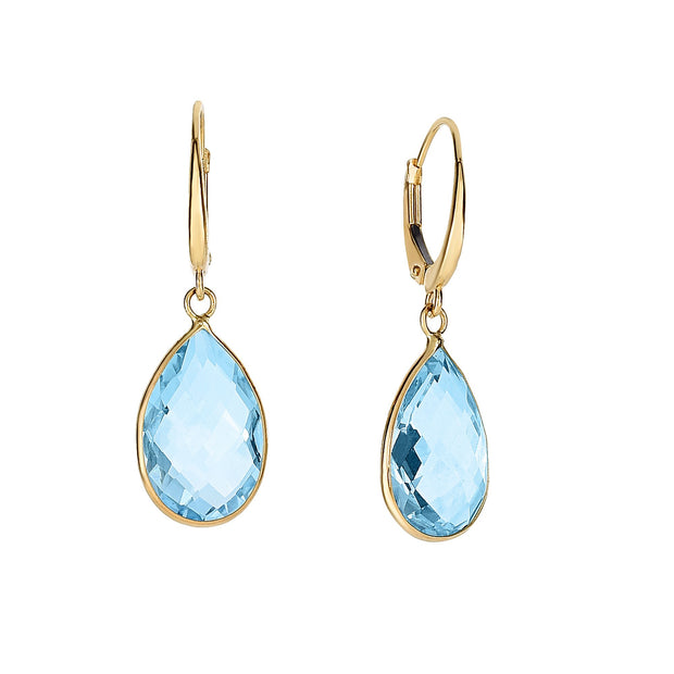 14K Gold Blue Topaz Pear Drop Earrings