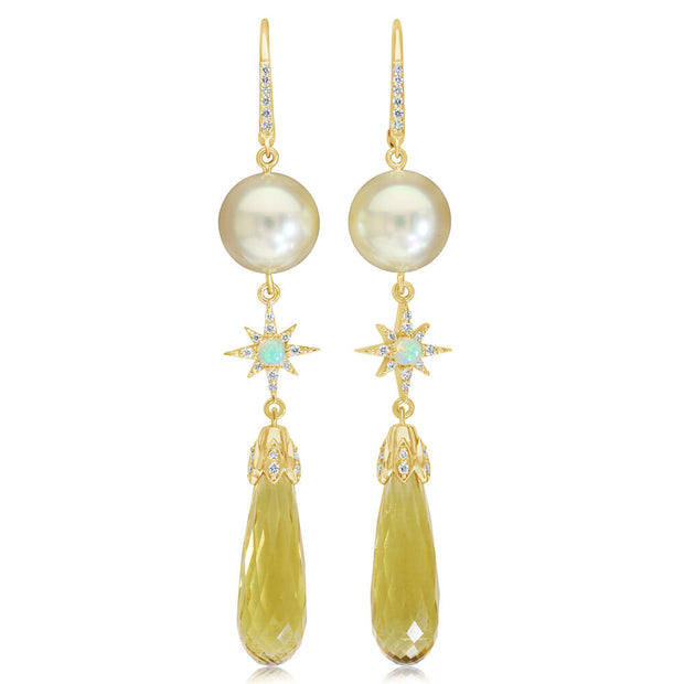 18K Yellow Gold Yellow Beryl/South Sea Pearl/Opal & Diamond Star Earrings