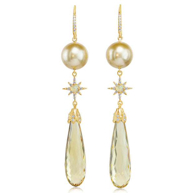 18K Yellow Gold Yellow Beryl/South Sea Pearl/Opal & Diamond Star Earrings