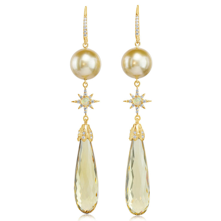 18K Yellow Gold Yellow Beryl/South Sea Pearl/Opal & Diamond Star Earrings