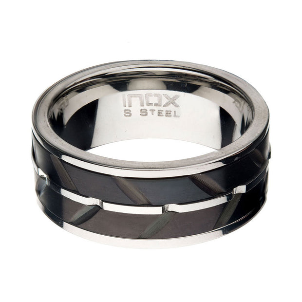 Stainless Steel & Black IP Raised Wave Ring