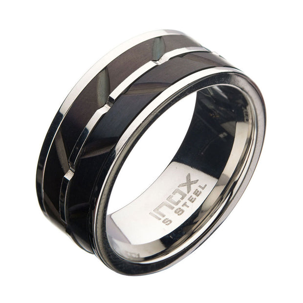 Stainless Steel & Black IP Raised Wave Ring