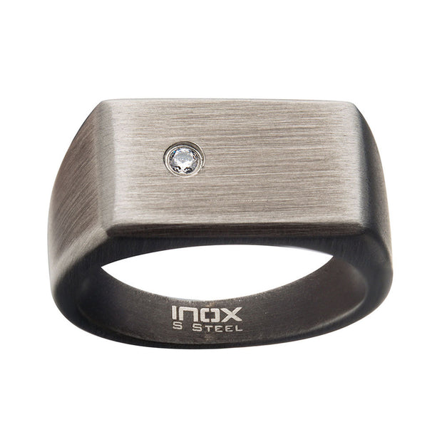 Steel & Gun Metal IP with 2mm Clear CZ Signet Ring