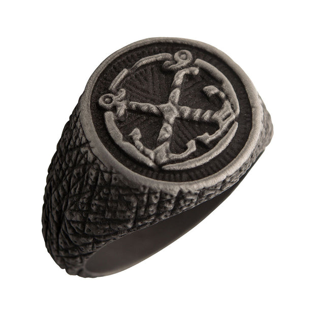 Black IP Antique Finish Steel Anchor Inlay Ring