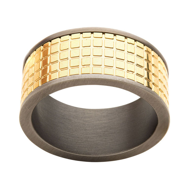 Gun Metal IP with 18Kt Gold IP Grid Inlay Ring