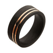 Solid Carbon with Inlayed Rose Gold Thin Lines Comfort Fit Ring