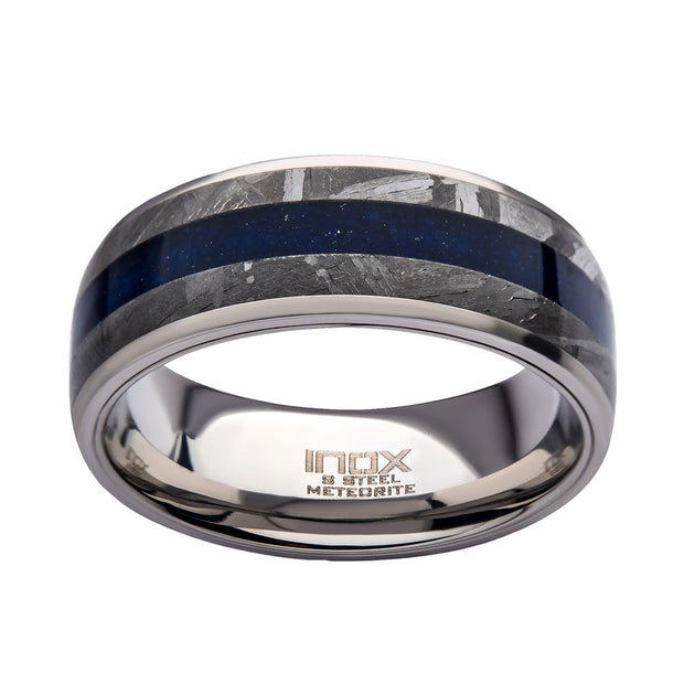 Lapis Lazuli & Meteorite Inlay Steel Ring