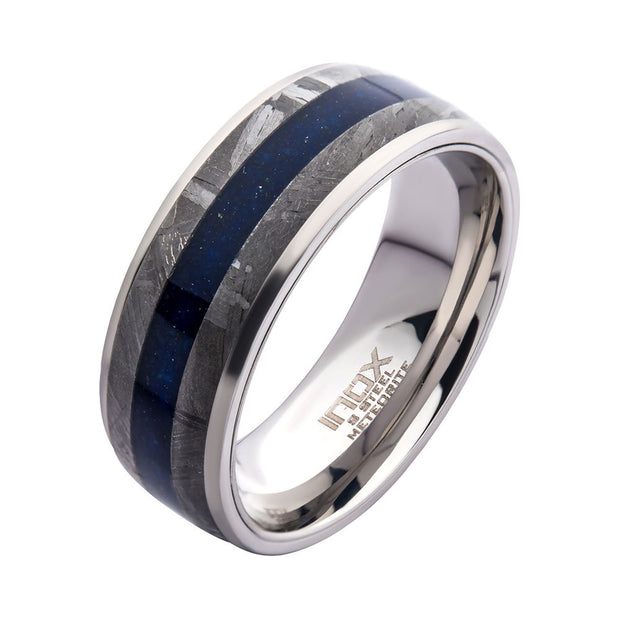 Lapis Lazuli & Meteorite Inlay Steel Ring