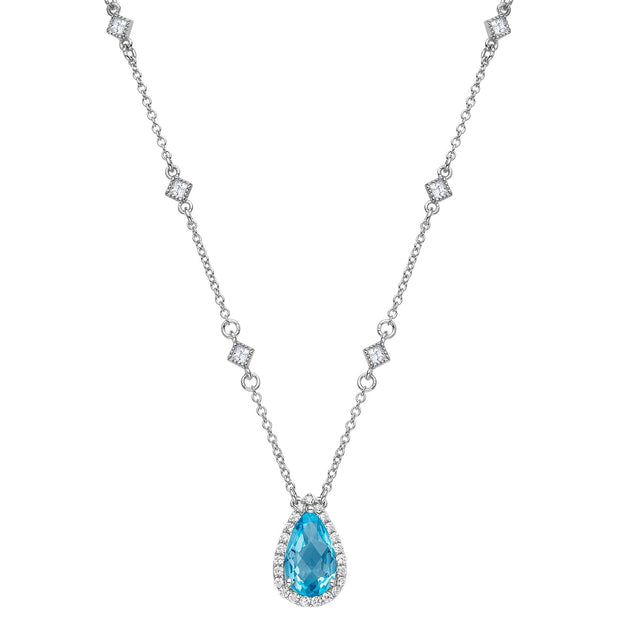 Genuine Blue Topaz Halo Necklace