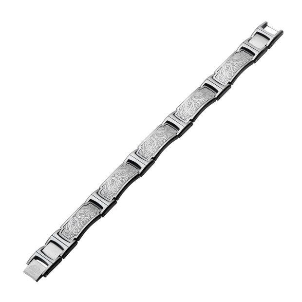Black IP Steel Scroll Pattern Link Bracelet