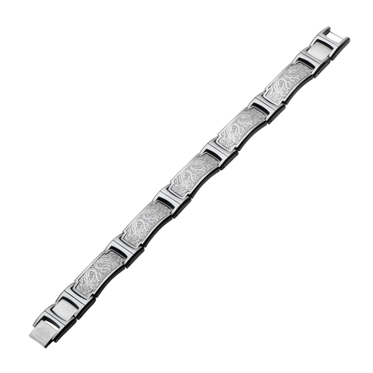 Black IP Steel Scroll Pattern Link Bracelet
