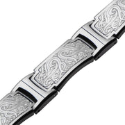 Black IP Steel Scroll Pattern Link Bracelet