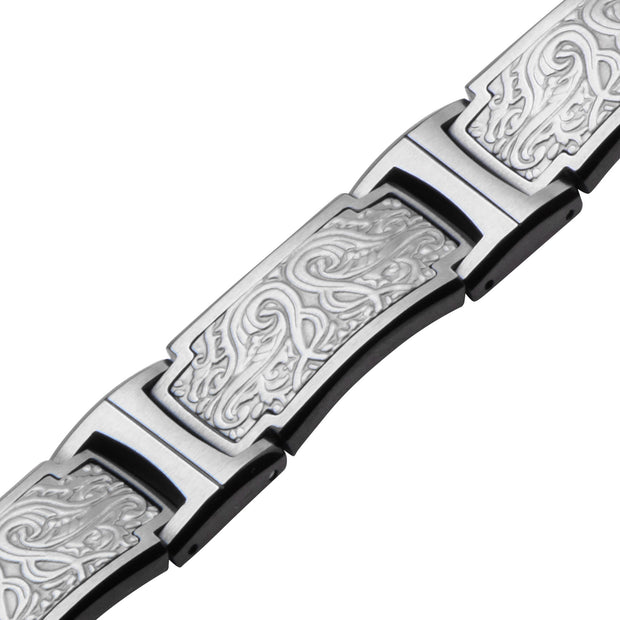 Black IP Steel Scroll Pattern Link Bracelet