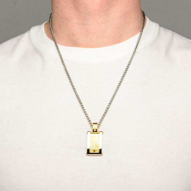 0.02 Carat Clear Genuine Diamond Gold IP Steel Intricate Carved Pattern Dog Tag Pendant  with Steel Wheat Chain