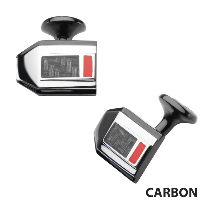 Polished Finish Black IP with a dash of red Carbon Fiber Weave Pattern Cufflinks