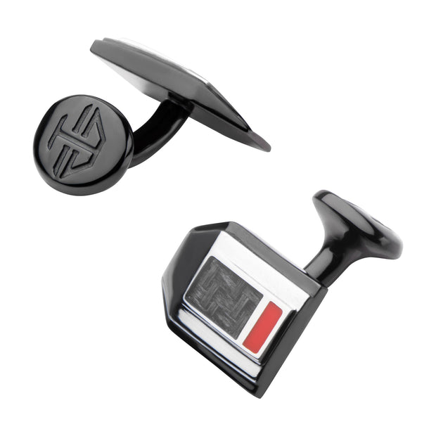 Polished Finish Black IP with a dash of red Carbon Fiber Weave Pattern Cufflinks
