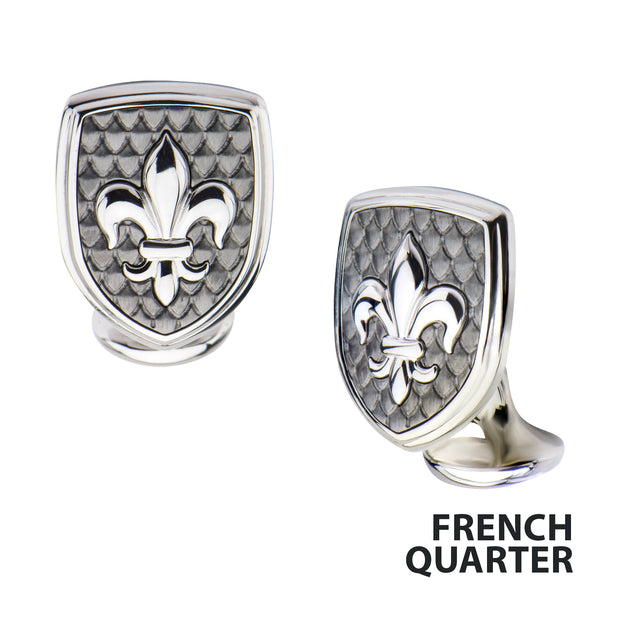 Polished Steel Finish Fleur de Lis Accent Mounted on a Brushed Gun Metal IP Cufflinks