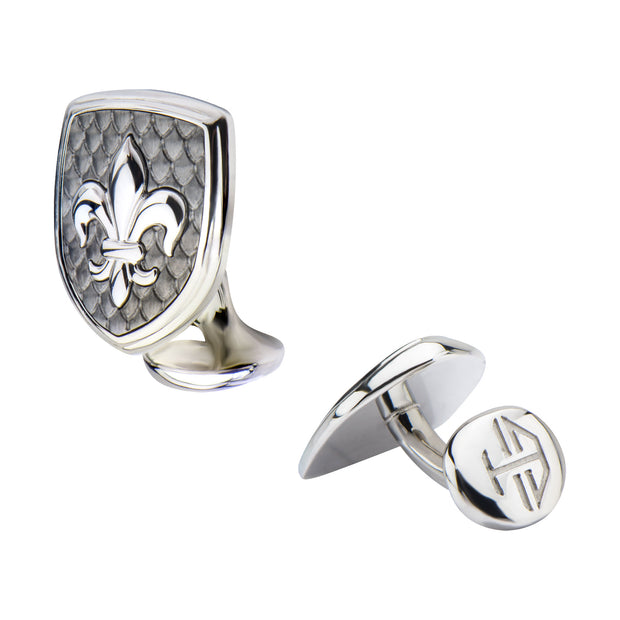 Polished Steel Finish Fleur de Lis Accent Mounted on a Brushed Gun Metal IP Cufflinks