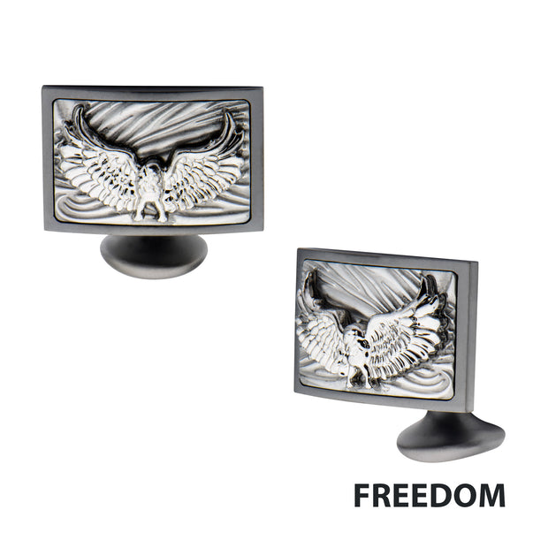 Sandblasted Gun Metal IP Eagle with Brushed Coin Stamped Pattern Cufflinks