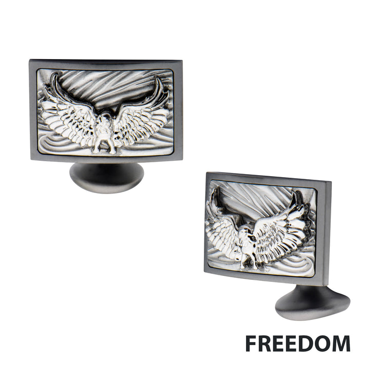 Sandblasted Gun Metal IP Eagle with Brushed Coin Stamped Pattern Cufflinks