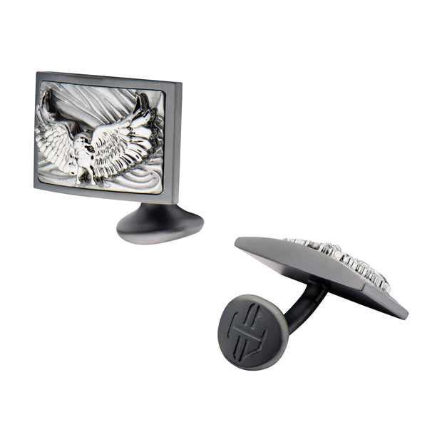 Sandblasted Gun Metal IP Eagle with Brushed Coin Stamped Pattern Cufflinks