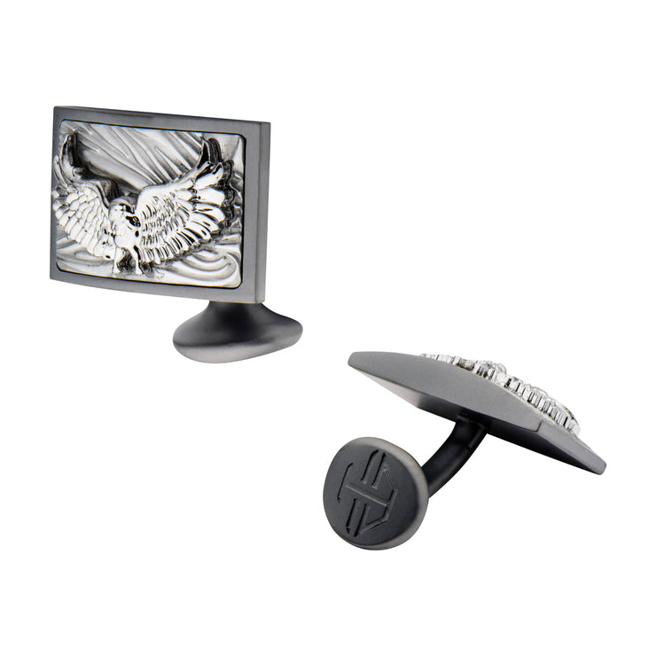 Sandblasted Gun Metal IP Eagle with Brushed Coin Stamped Pattern Cufflinks