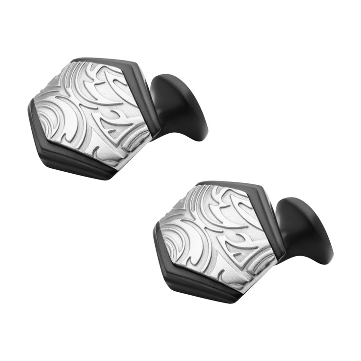 Polished Finish Black IP Frame with Brushed Finish Steel Grooves & Crests Cufflinks