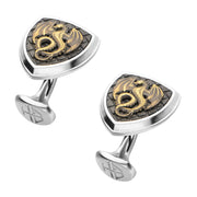 Polished Steel Frame with Black IP Pattern Antique Stamped Brass Dragon Cufflinks