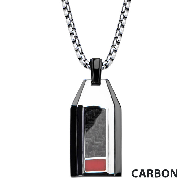 Polished Finish Black IP with a dash of red Carbon Fiber Weave Pattern Pendant with Steel Box Chain