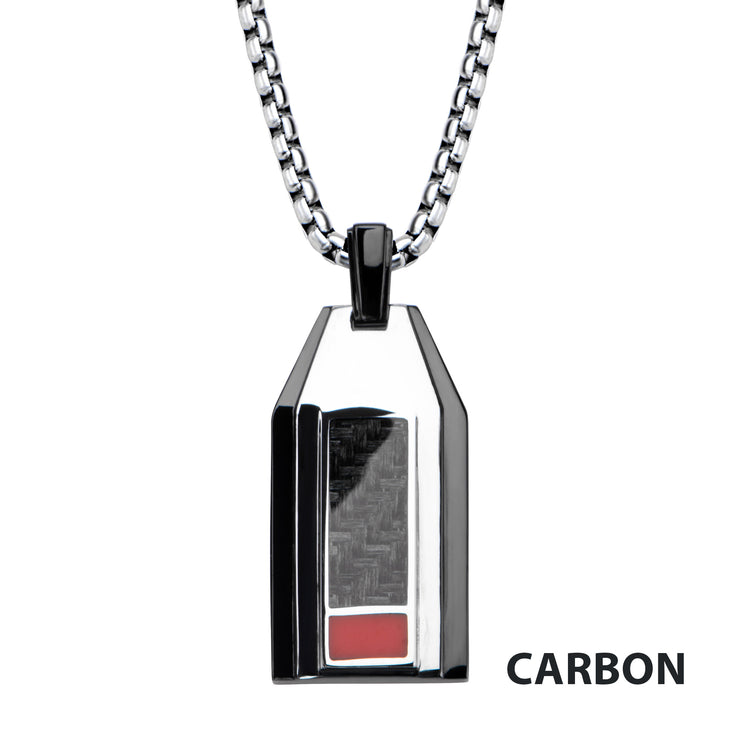 Polished Finish Black IP with a dash of red Carbon Fiber Weave Pattern Pendant with Steel Box Chain