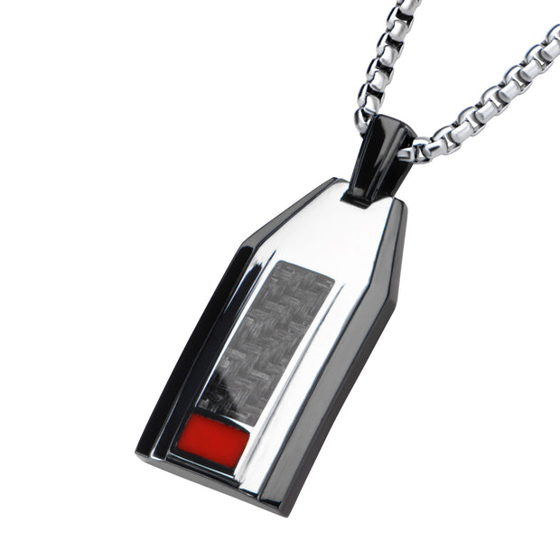 Polished Finish Black IP with a dash of red Carbon Fiber Weave Pattern Pendant with Steel Box Chain