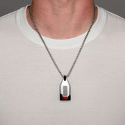 Polished Finish Black IP with a dash of red Carbon Fiber Weave Pattern Pendant with Steel Box Chain