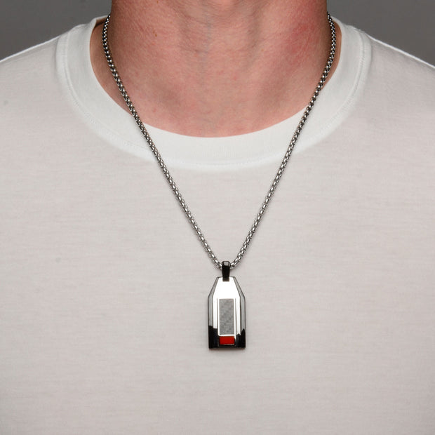 Polished Finish Black IP with a dash of red Carbon Fiber Weave Pattern Pendant with Steel Box Chain