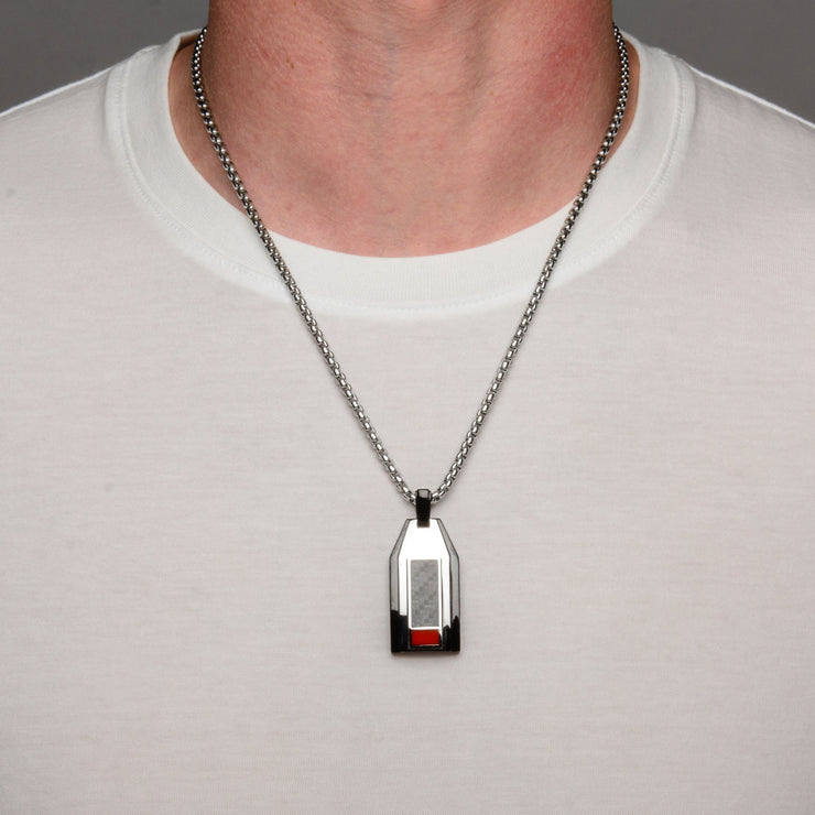 Polished Finish Black IP with a dash of red Carbon Fiber Weave Pattern Pendant with Steel Box Chain