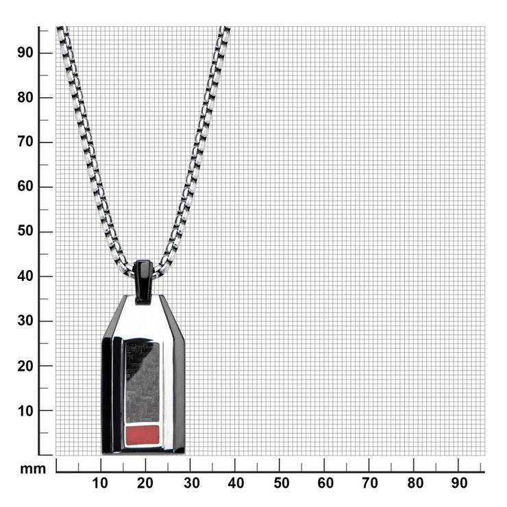 Polished Finish Black IP with a dash of red Carbon Fiber Weave Pattern Pendant with Steel Box Chain