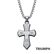 Black IP Steel Scroll Pattern Cross Pendant with Steel Box Chain