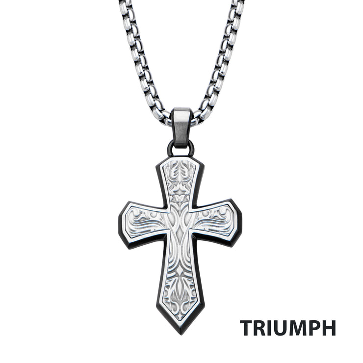 Black IP Steel Scroll Pattern Cross Pendant with Steel Box Chain