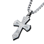 Black IP Steel Scroll Pattern Cross Pendant with Steel Box Chain