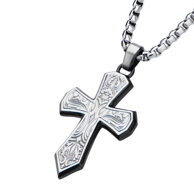 Black IP Steel Scroll Pattern Cross Pendant with Steel Box Chain