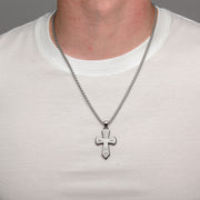 Black IP Steel Scroll Pattern Cross Pendant with Steel Box Chain