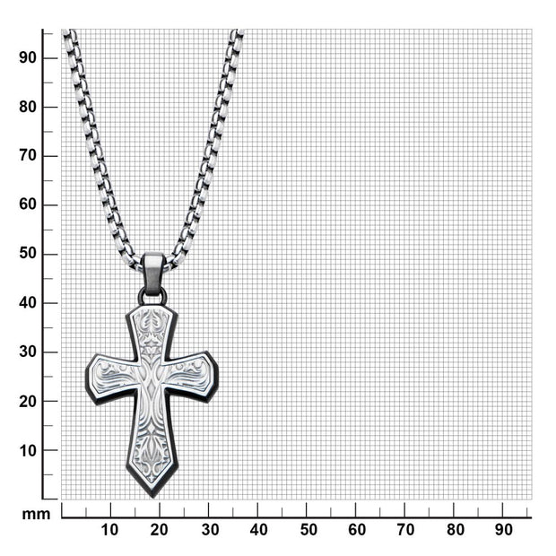 Black IP Steel Scroll Pattern Cross Pendant with Steel Box Chain