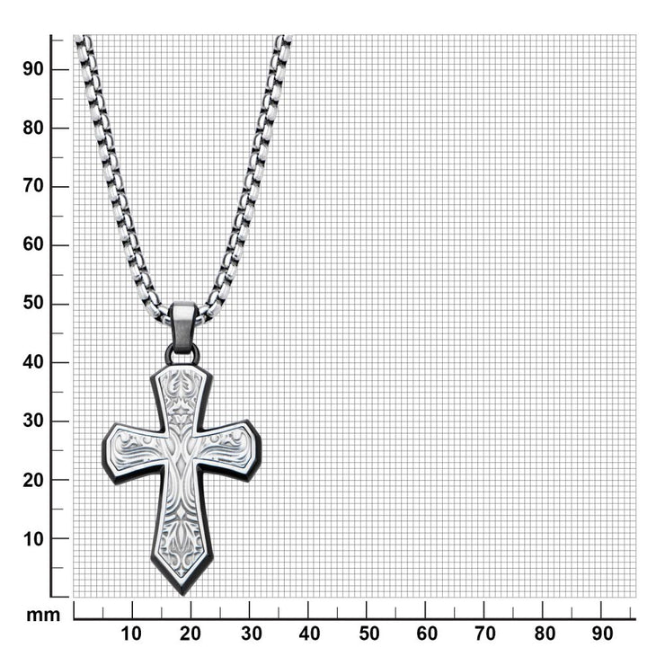 Black IP Steel Scroll Pattern Cross Pendant with Steel Box Chain