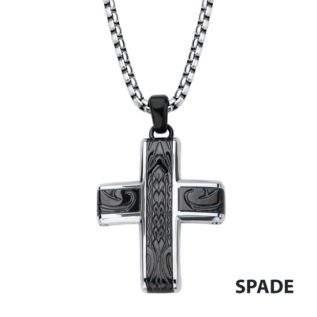 Black IP Embossed Coin Stamped Pattern Pendant with Steel Box Chain