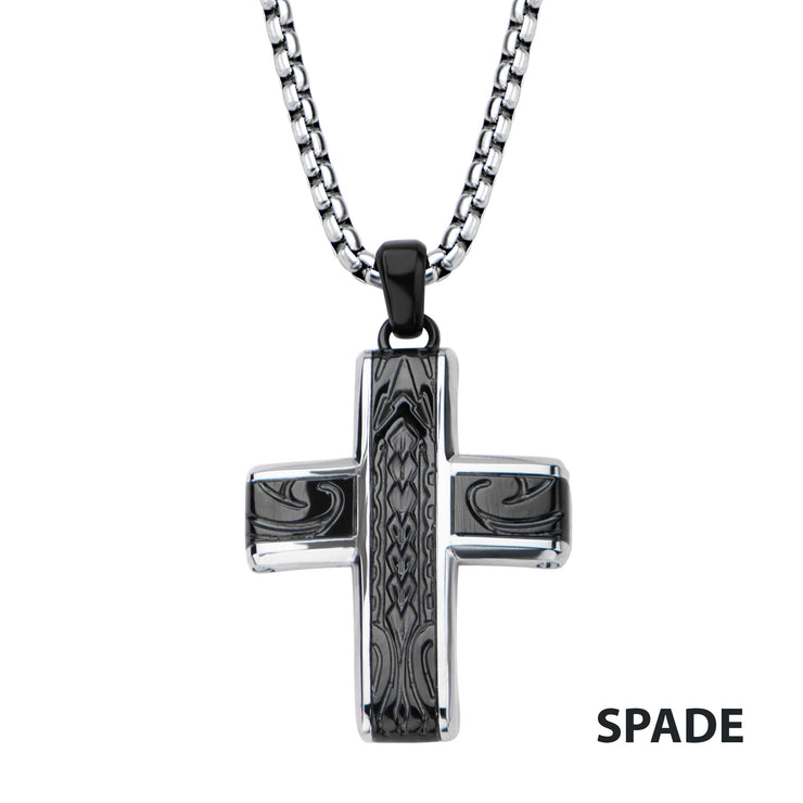 Black IP Embossed Coin Stamped Pattern Pendant with Steel Box Chain