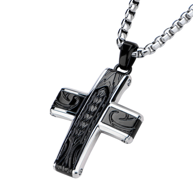 Black IP Embossed Coin Stamped Pattern Pendant with Steel Box Chain