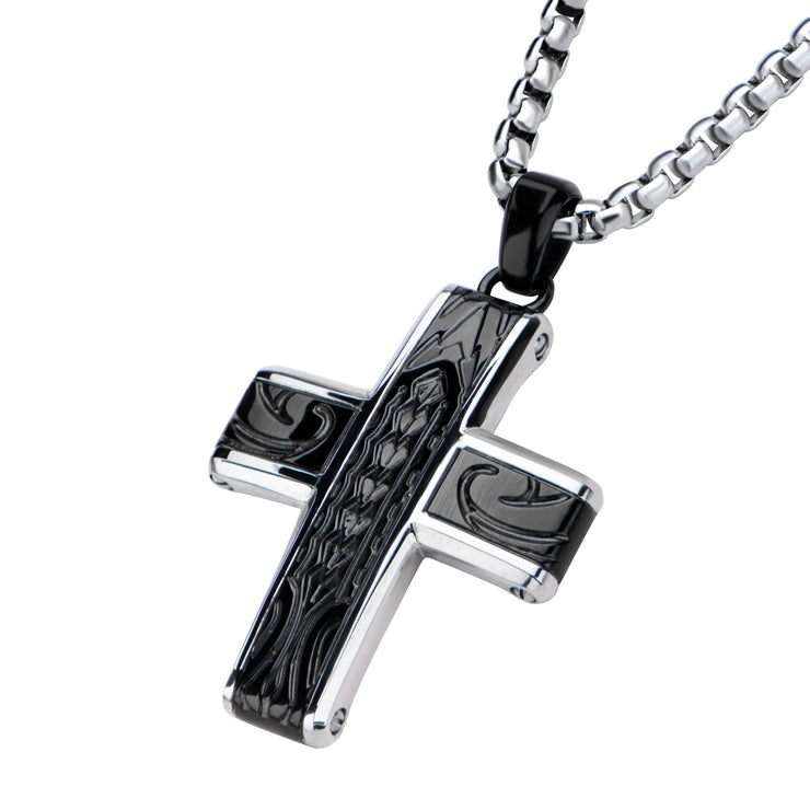 Black IP Embossed Coin Stamped Pattern Pendant with Steel Box Chain