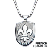 Polished Steel Finish Fleur de Lis Accent Mounted on a Brushed Gun Metal IP Pendant with Steel Box Chain