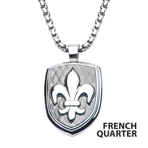 Polished Steel Finish Fleur de Lis Accent Mounted on a Brushed Gun Metal IP Pendant with Steel Box Chain