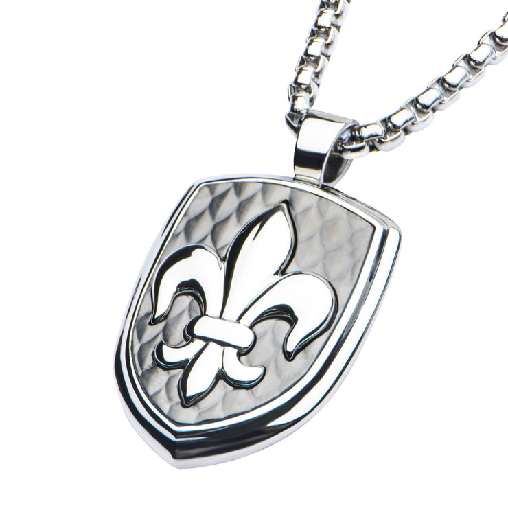 Polished Steel Finish Fleur de Lis Accent Mounted on a Brushed Gun Metal IP Pendant with Steel Box Chain