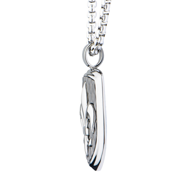 Polished Steel Finish Fleur de Lis Accent Mounted on a Brushed Gun Metal IP Pendant with Steel Box Chain